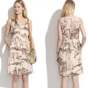Madewell Womens Ivory Safari Silk Dress 4 Midi Sleeveless V-Neck Elephant Zebra